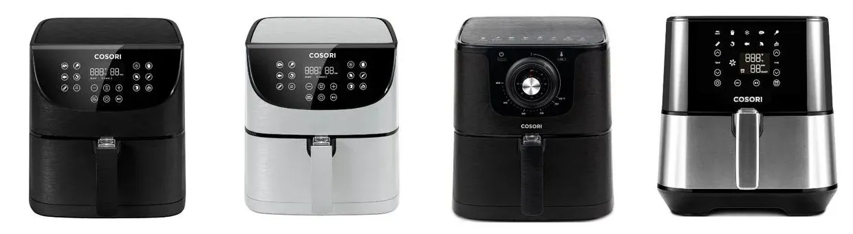 Four recalled Cosori air fryer styles: a black CP158-AF, a light gray CAF-P581, a black CO158-AF with a dial, and a silver CP258-AF