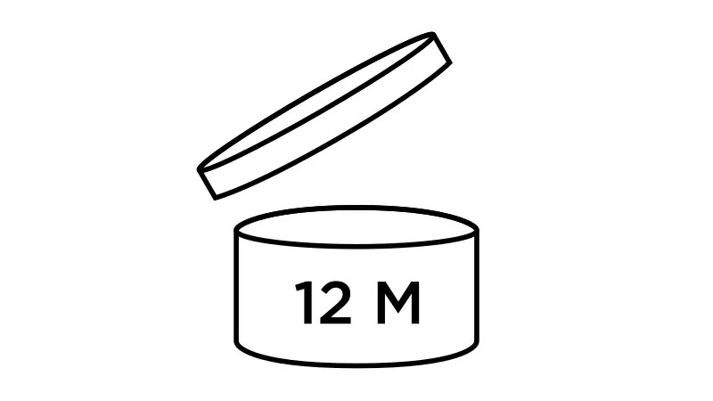The period-after-opening symbol, an open jar with 12 M printed on it