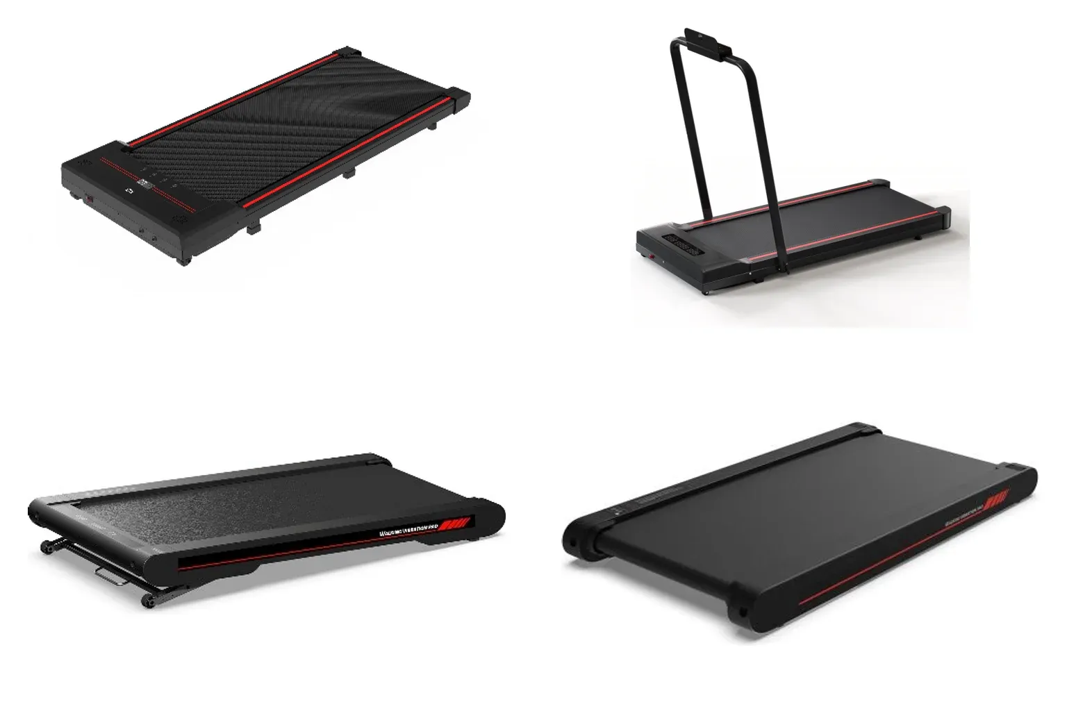 Four black Sperax walking pads with red trim: the Q1, the Pro with a fold-up handlebar, the RM-02 and the RM-01